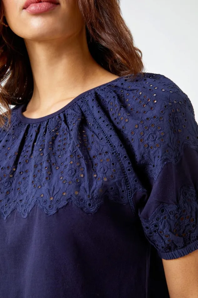 Navy Cotton Broderie Puff Sleeve Top Women Roman Tops