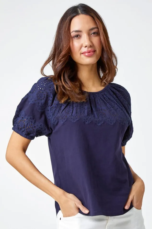 Navy Cotton Broderie Puff Sleeve Top Women Roman Tops