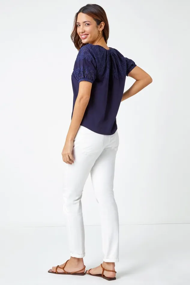Navy Cotton Broderie Puff Sleeve Top Women Roman Tops