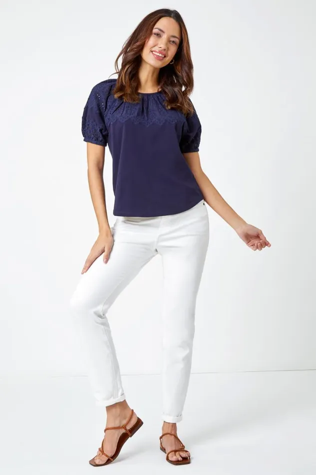Navy Cotton Broderie Puff Sleeve Top Women Roman Tops