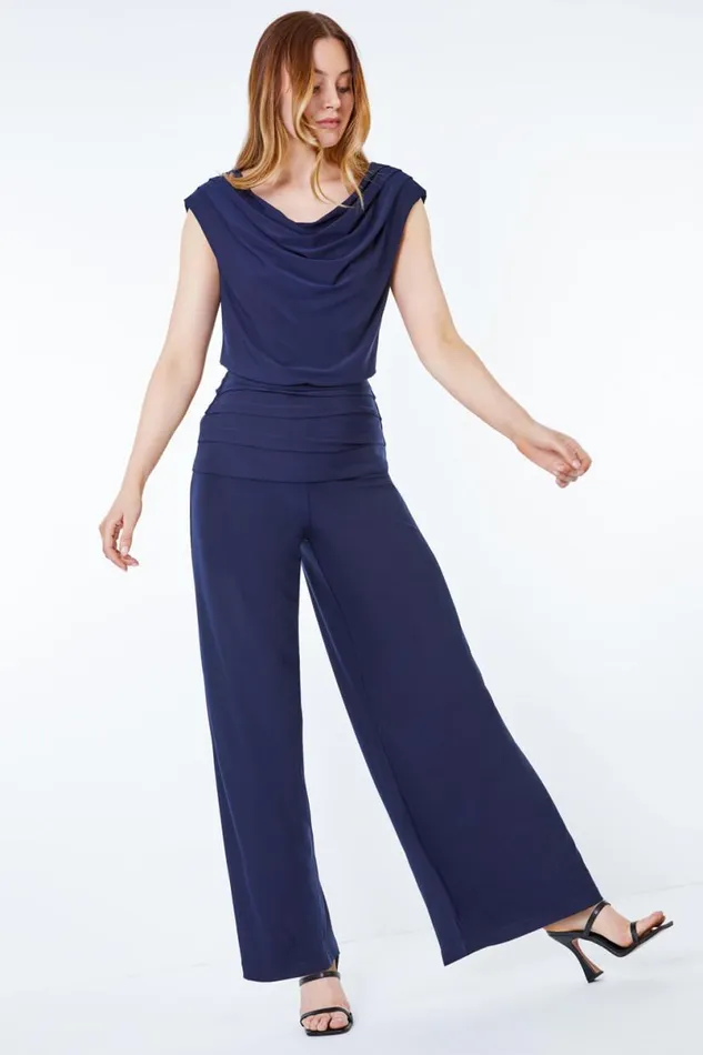 Navy Cowl Neck Ruched Stretch Jumpsuit Women Roman Dresses