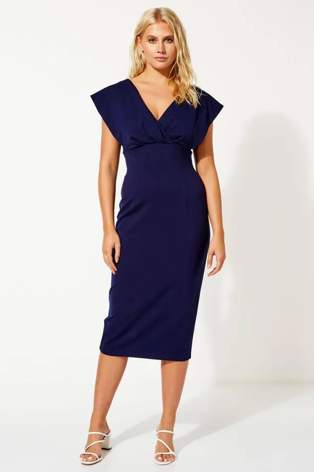 Navy Cross Front Fitted Dress Women Roman Dresses