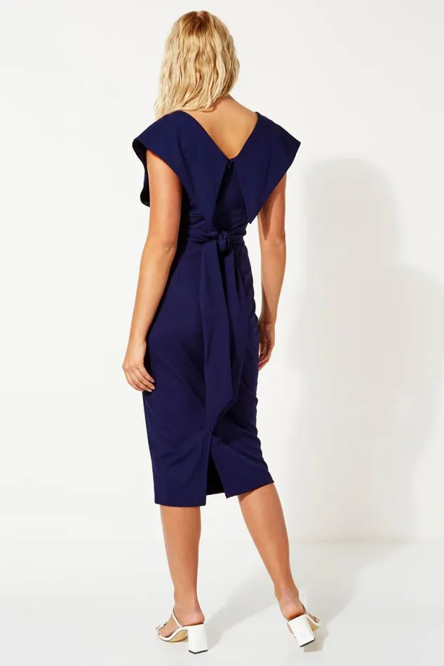Navy Cross Front Fitted Dress Women Roman Dresses