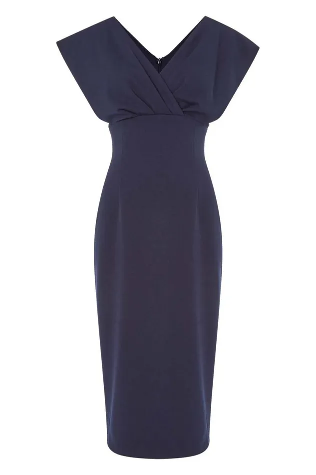 Navy Cross Front Fitted Dress Women Roman Dresses