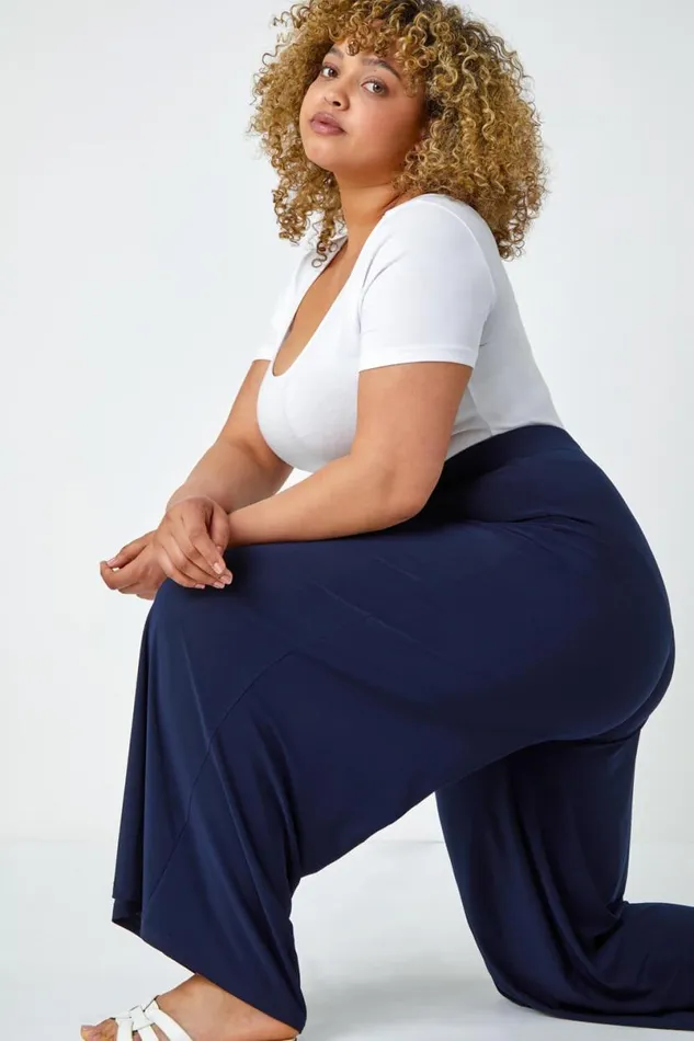 Navy Curve Elastic Waist Wide Leg Trousers Women Roman Trousers