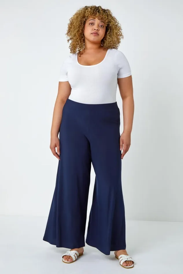 Navy Curve Elastic Waist Wide Leg Trousers Women Roman Trousers