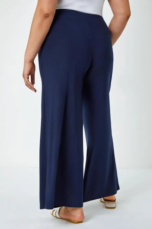 Navy Curve Elastic Waist Wide Leg Trousers Women Roman Trousers