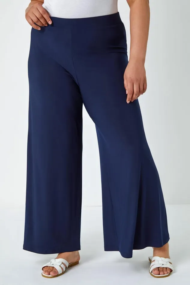 Navy Curve Elastic Waist Wide Leg Trousers Women Roman Trousers
