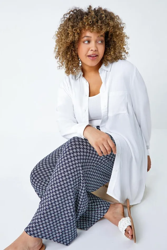 Navy Curve Geometric Wide Leg Stretch Trousers Women Roman Trousers