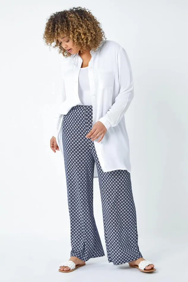 Navy Curve Geometric Wide Leg Stretch Trousers Women Roman Trousers