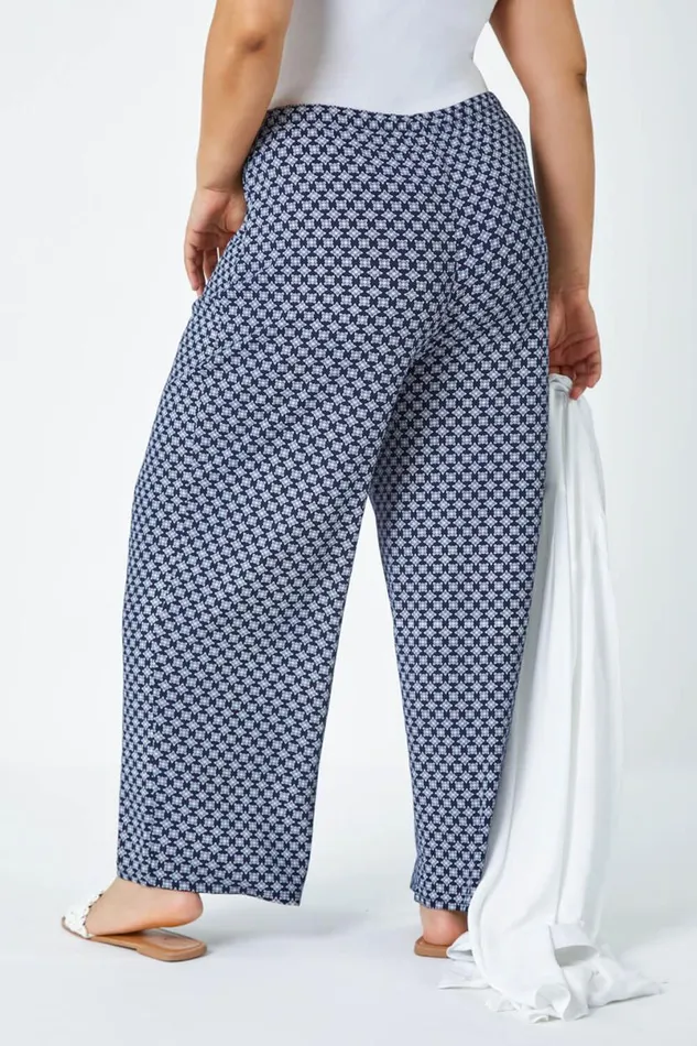 Navy Curve Geometric Wide Leg Stretch Trousers Women Roman Trousers