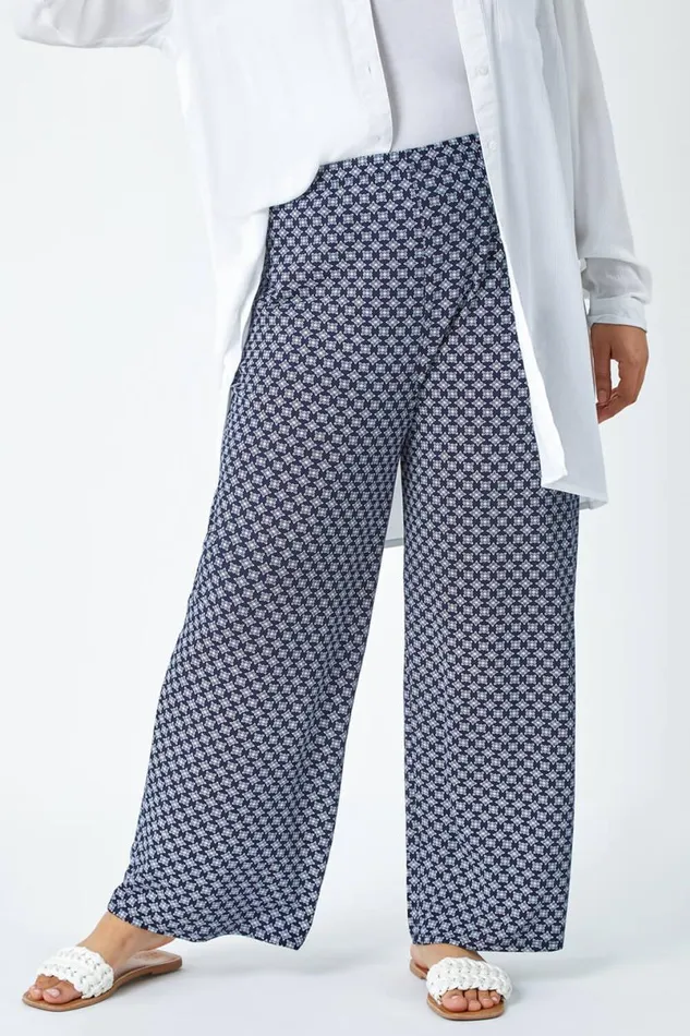 Navy Curve Geometric Wide Leg Stretch Trousers Women Roman Trousers