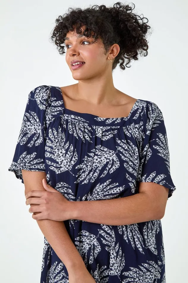 Navy Curve Leaf Print Square Neck Top Women Roman Tops