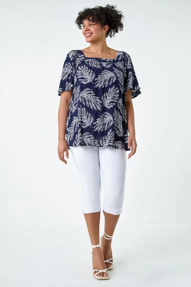 Navy Curve Leaf Print Square Neck Top Women Roman Tops