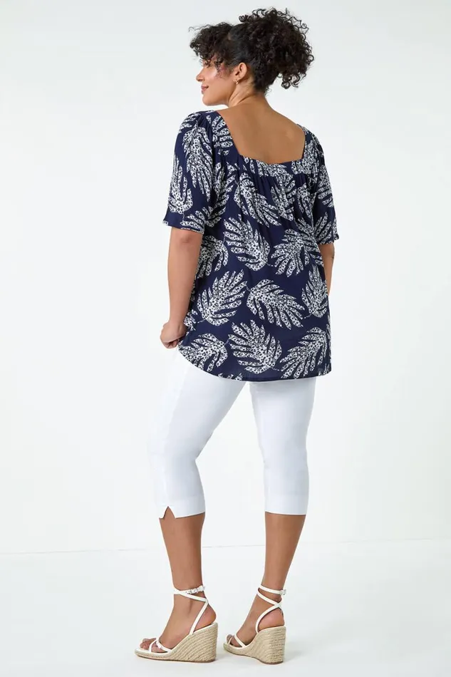 Navy Curve Leaf Print Square Neck Top Women Roman Tops