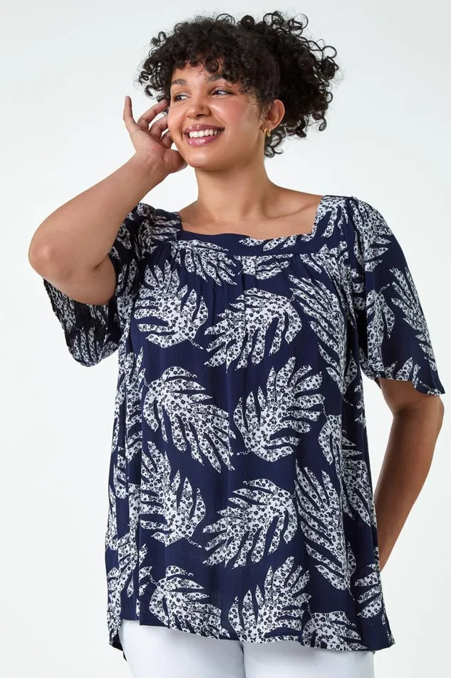Navy Curve Leaf Print Square Neck Top Women Roman Tops