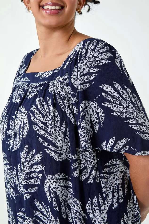 Navy Curve Leaf Print Square Neck Top Women Roman Tops