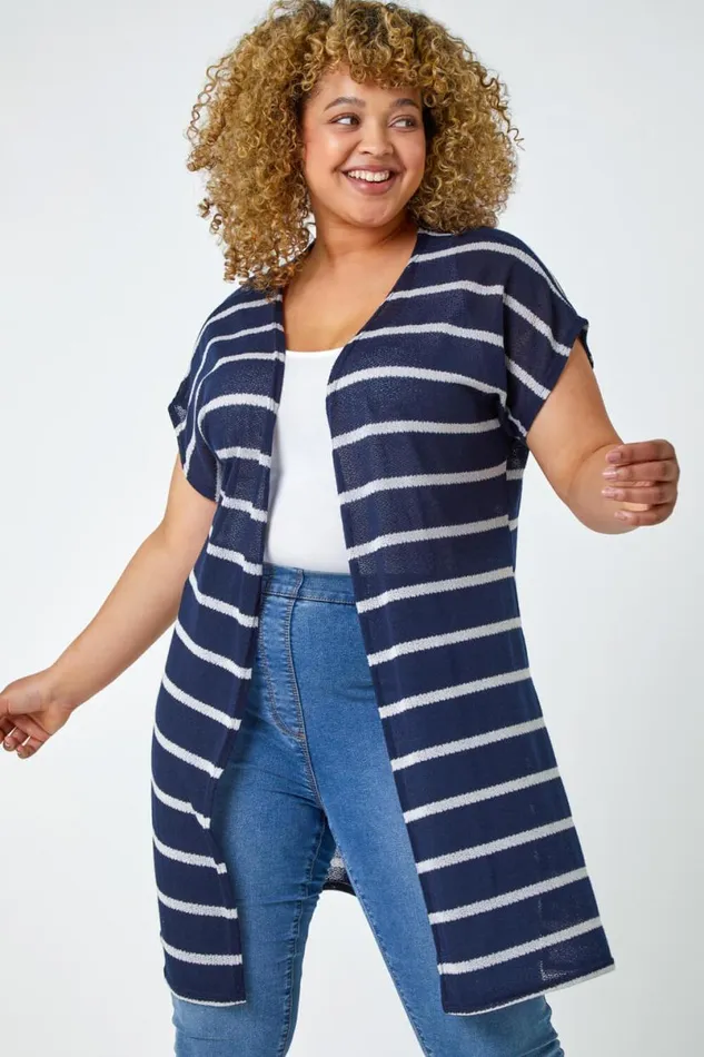 Navy Curve Longline Striped Cardigan Women Roman Knitwear