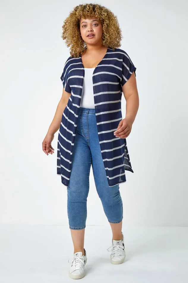 Navy Curve Longline Striped Cardigan Women Roman Knitwear