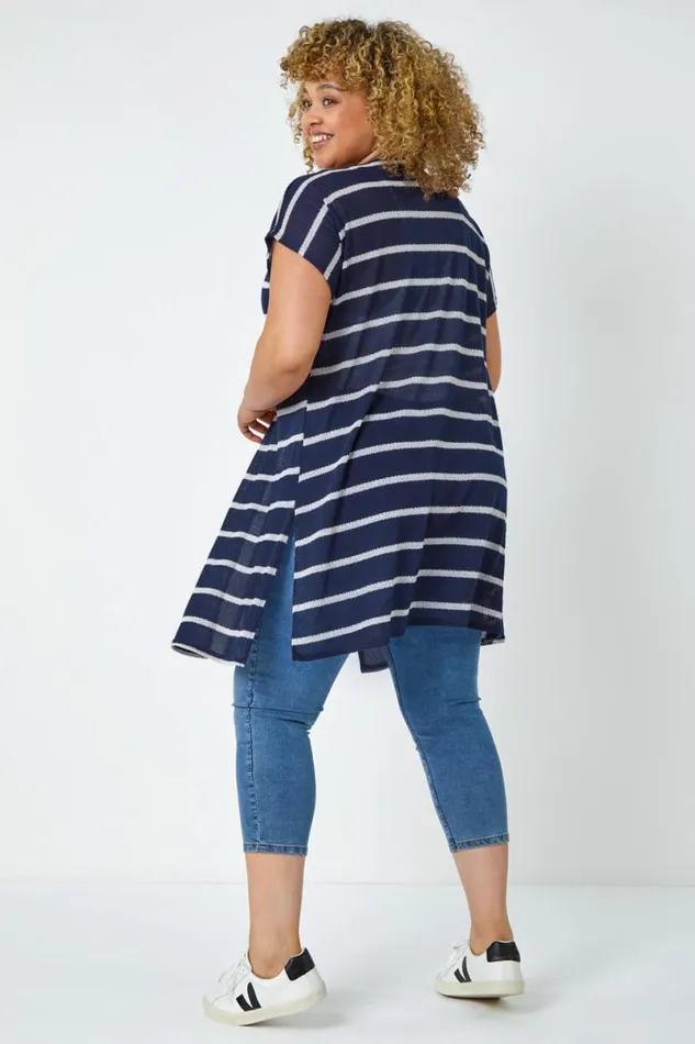 Navy Curve Longline Striped Cardigan Women Roman Knitwear