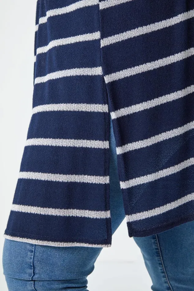 Navy Curve Longline Striped Cardigan Women Roman Knitwear
