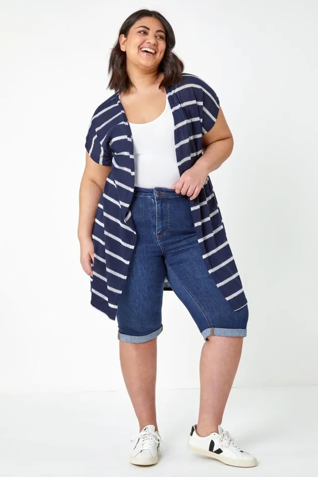 Navy Curve Longline Striped Cardigan Women Roman Knitwear