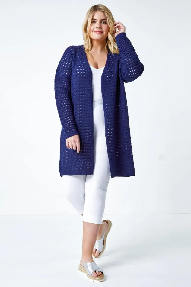 Navy Curve Pointelle Longline Cardigan Women Roman Knitwear