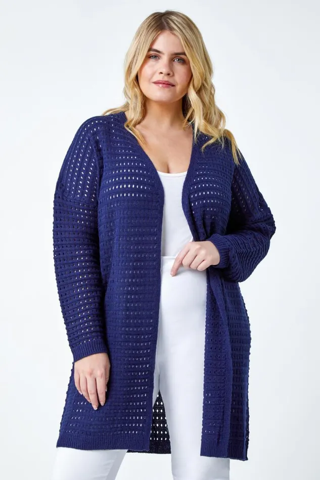 Navy Curve Pointelle Longline Cardigan Women Roman Knitwear