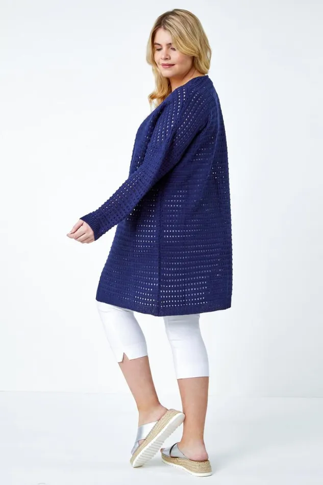 Navy Curve Pointelle Longline Cardigan Women Roman Knitwear