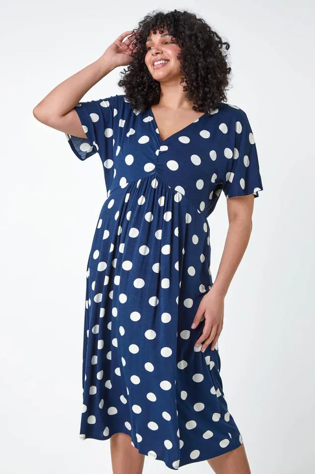 Navy Curve Ruched Front Polka Dot Dress Women Roman Dresses