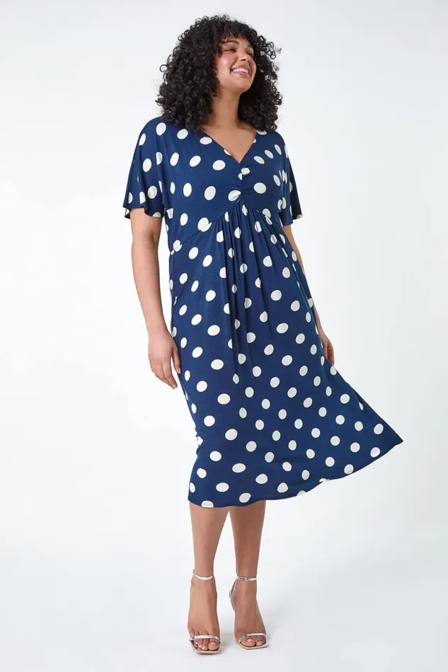 Navy Curve Ruched Front Polka Dot Dress Women Roman Dresses
