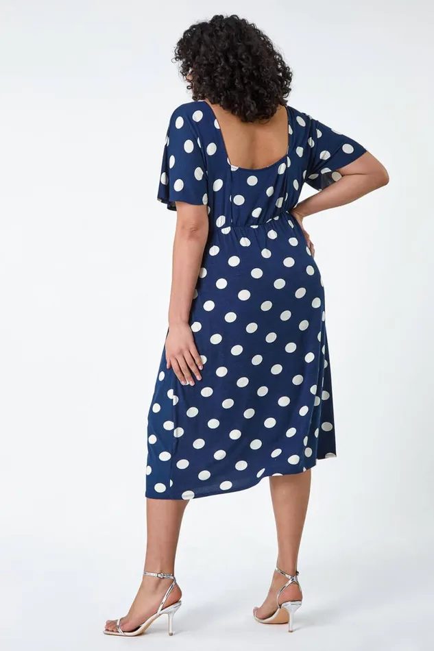 Navy Curve Ruched Front Polka Dot Dress Women Roman Dresses