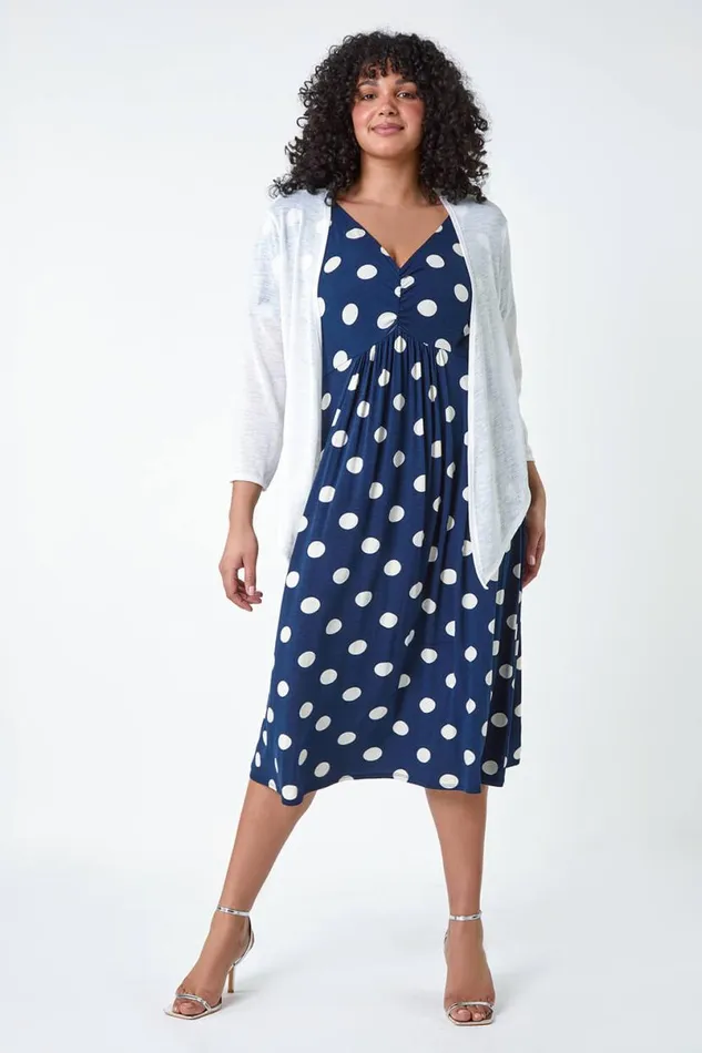 Navy Curve Ruched Front Polka Dot Dress Women Roman Dresses