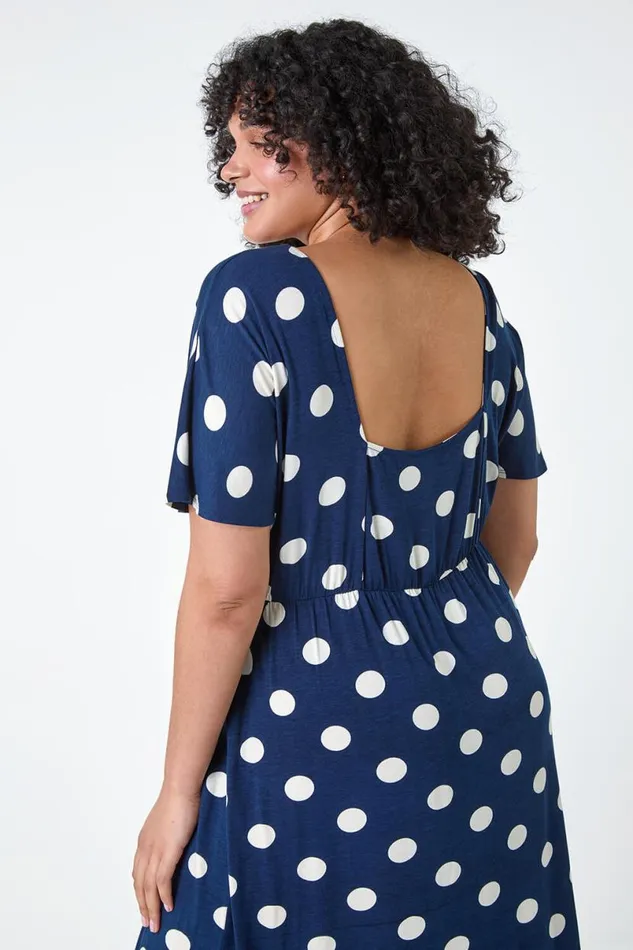 Navy Curve Ruched Front Polka Dot Dress Women Roman Dresses