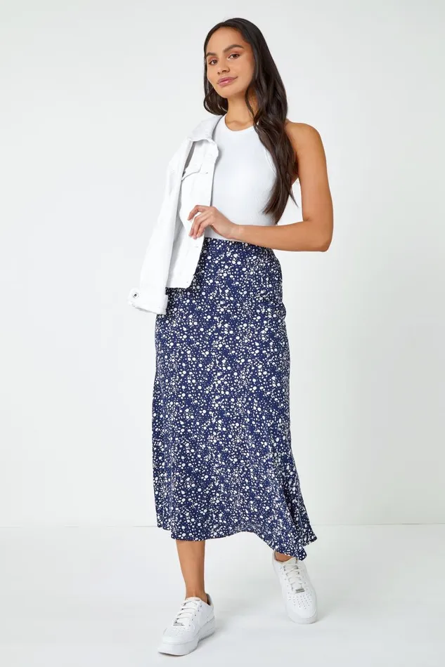 Navy Ditsy Spot Print Midi Skirt Women Roman Skirts