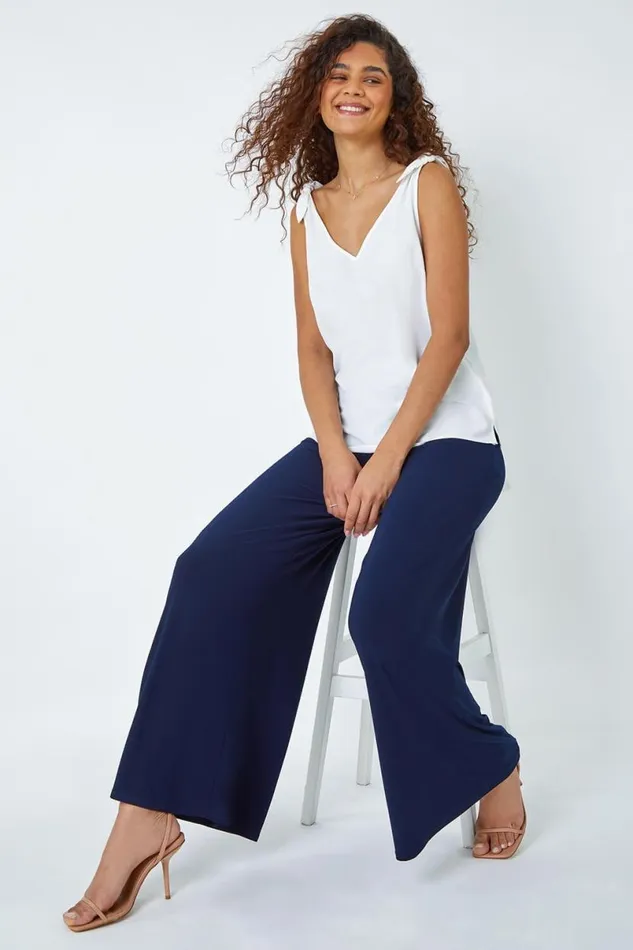 Navy Elastic Waist Super Wide Leg Stretch Trouser Women Roman Occasionwear