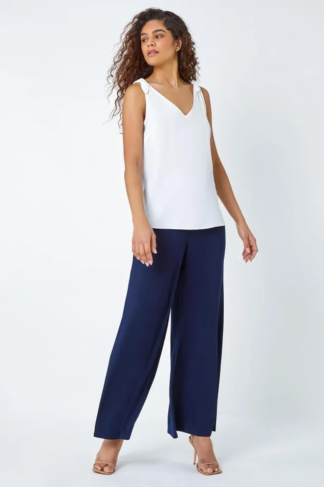 Navy Elastic Waist Super Wide Leg Stretch Trouser Women Roman Occasionwear