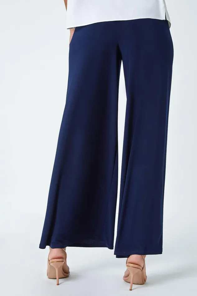 Navy Elastic Waist Super Wide Leg Stretch Trouser Women Roman Occasionwear