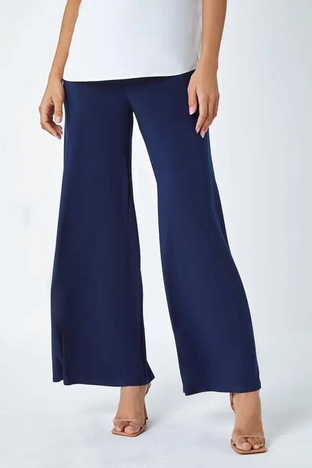 Navy Elastic Waist Super Wide Leg Stretch Trouser Women Roman Occasionwear