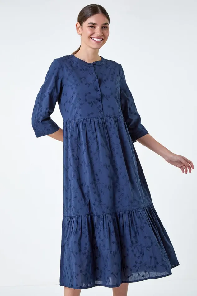 Navy Embroidered Tiered Cotton Midi Dress Women Roman Dresses