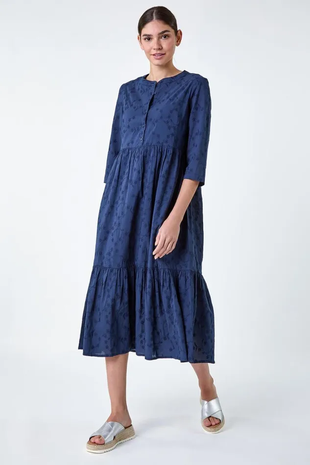 Navy Embroidered Tiered Cotton Midi Dress Women Roman Dresses