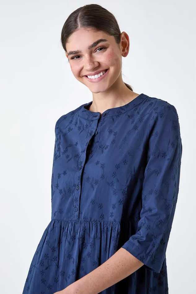 Navy Embroidered Tiered Cotton Midi Dress Women Roman Dresses