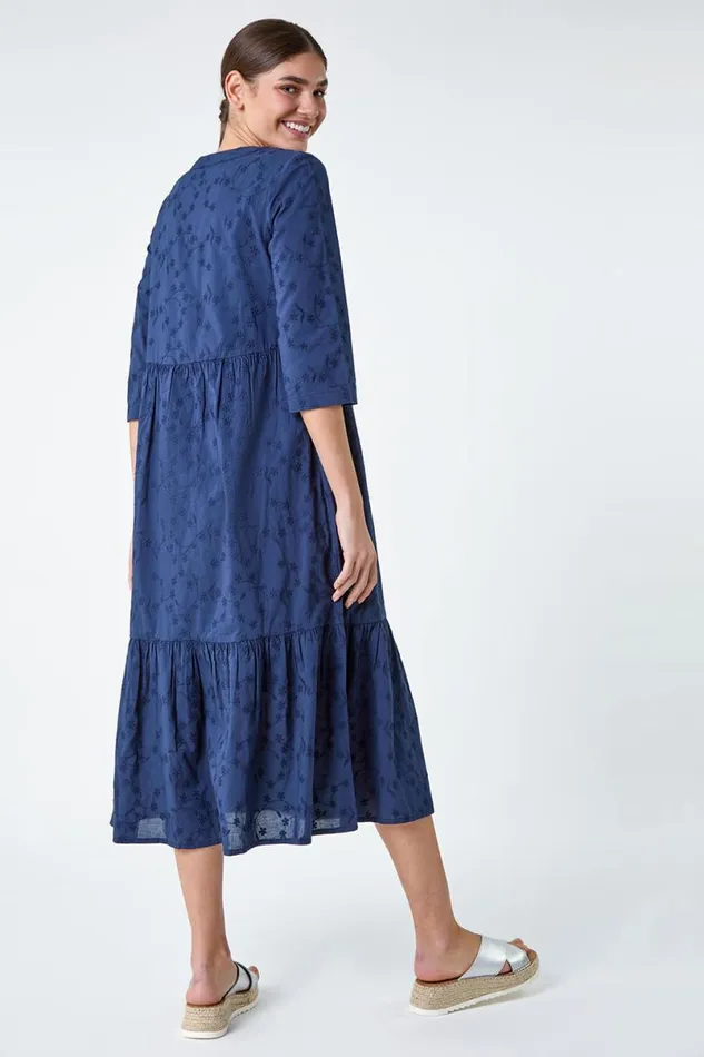 Navy Embroidered Tiered Cotton Midi Dress Women Roman Dresses