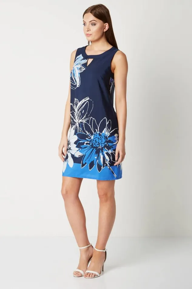 Navy Floral Print Shift Dress Women Roman Dresses