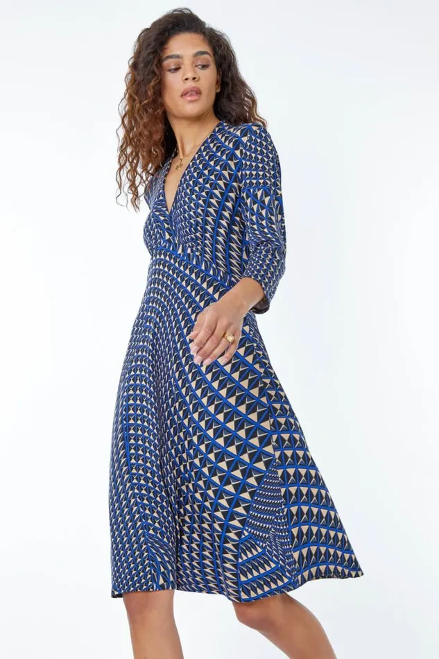 Navy Geometric Print Stretch Dress Women Roman Dresses