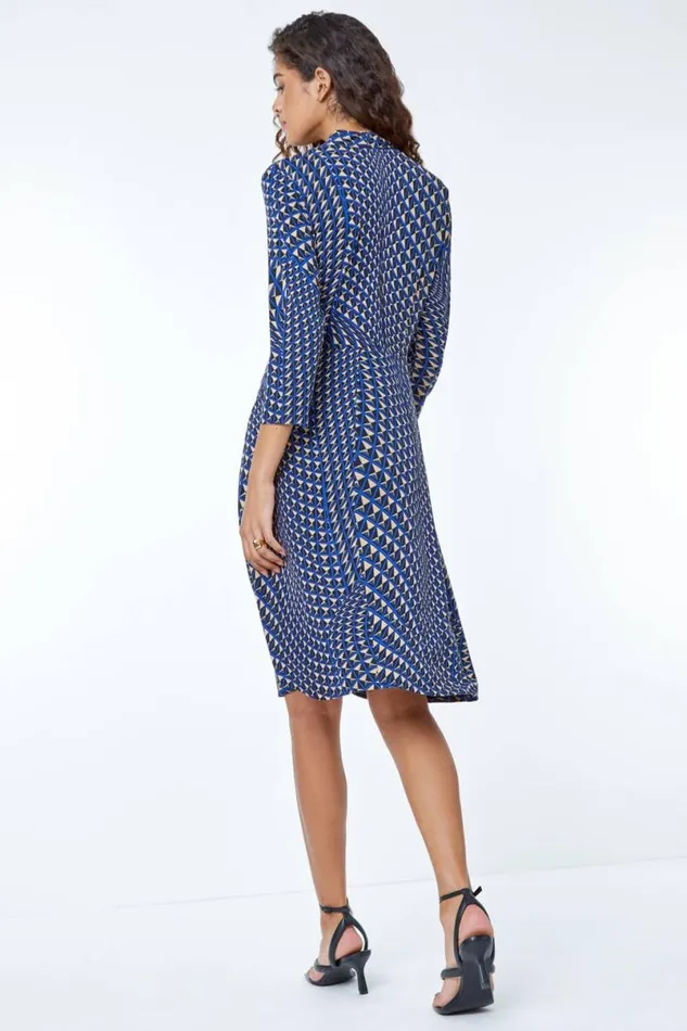 Navy Geometric Print Stretch Dress Women Roman Dresses