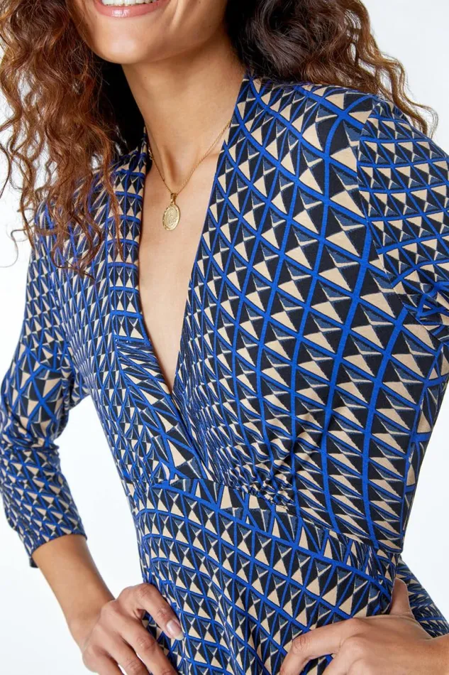 Navy Geometric Print Stretch Dress Women Roman Dresses