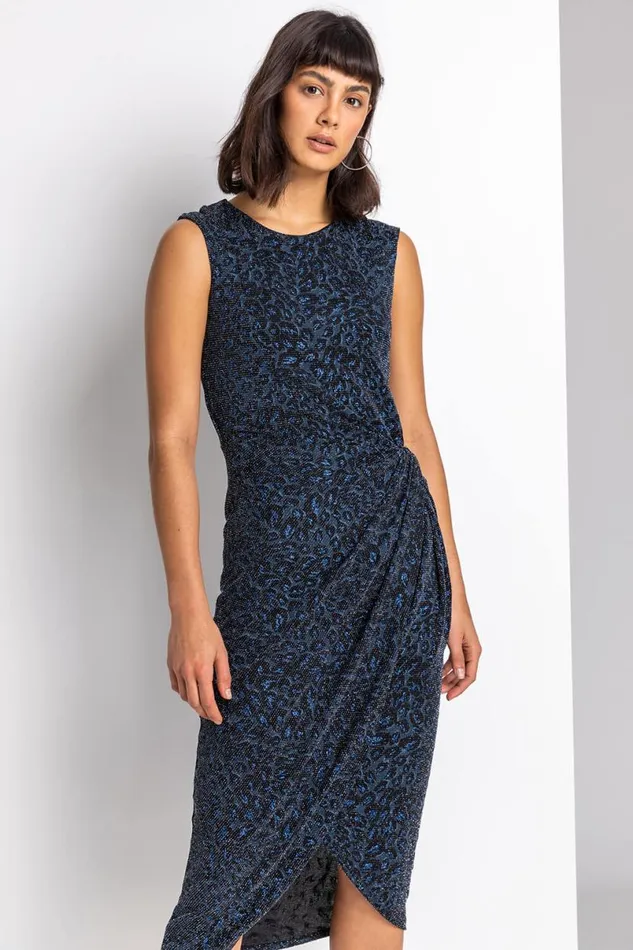 Navy Glitter Leopard Print Twist Midi Dress Women Roman Dresses