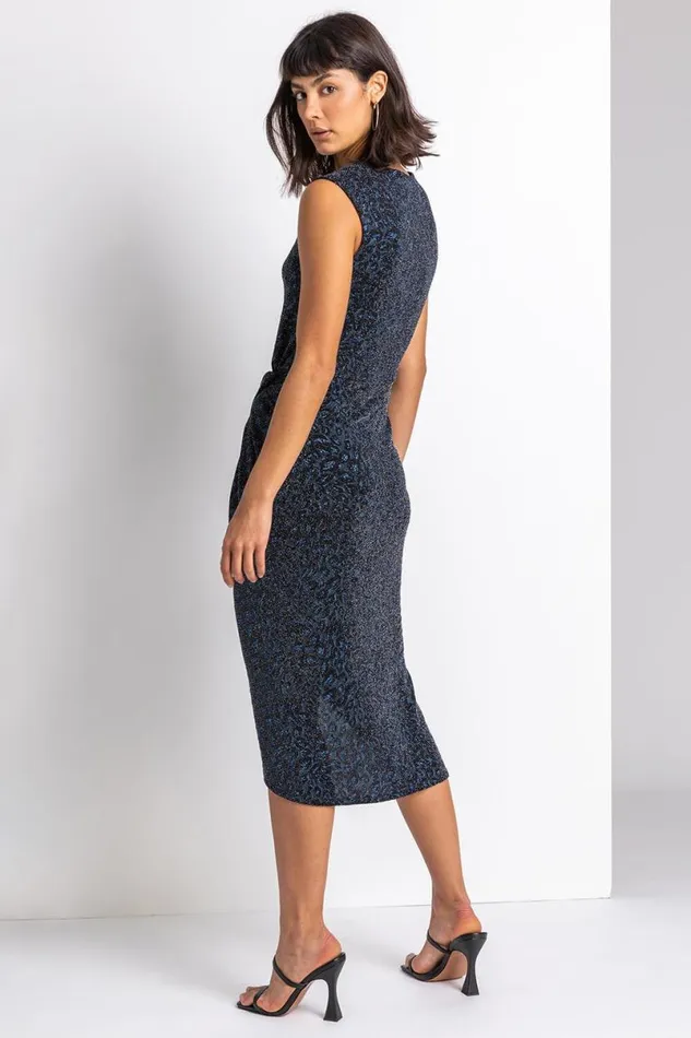 Navy Glitter Leopard Print Twist Midi Dress Women Roman Dresses