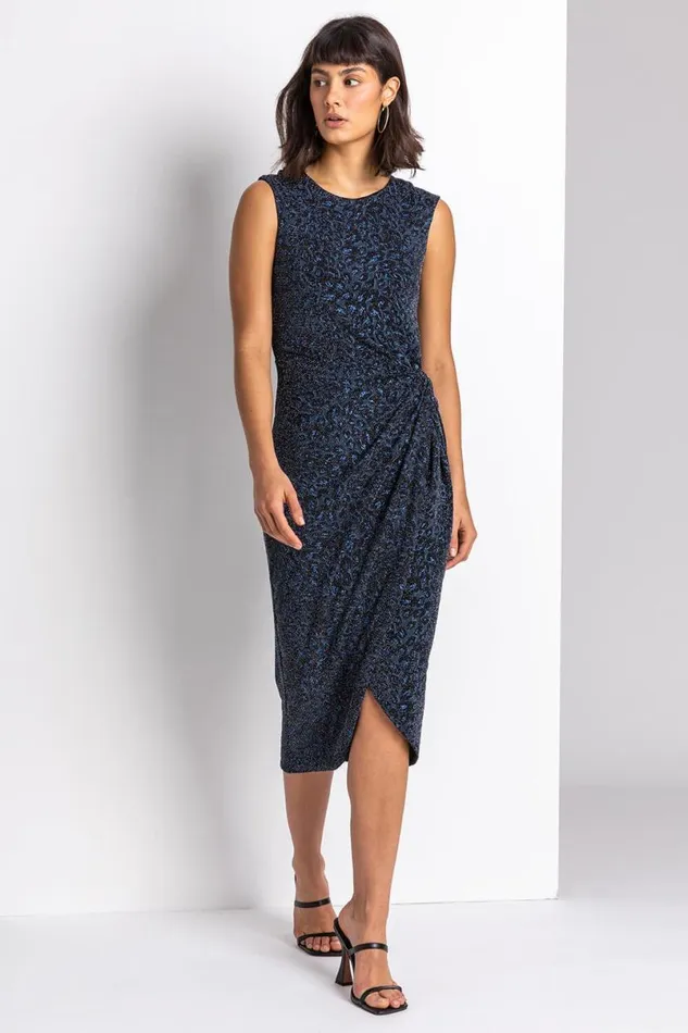 Navy Glitter Leopard Print Twist Midi Dress Women Roman Dresses